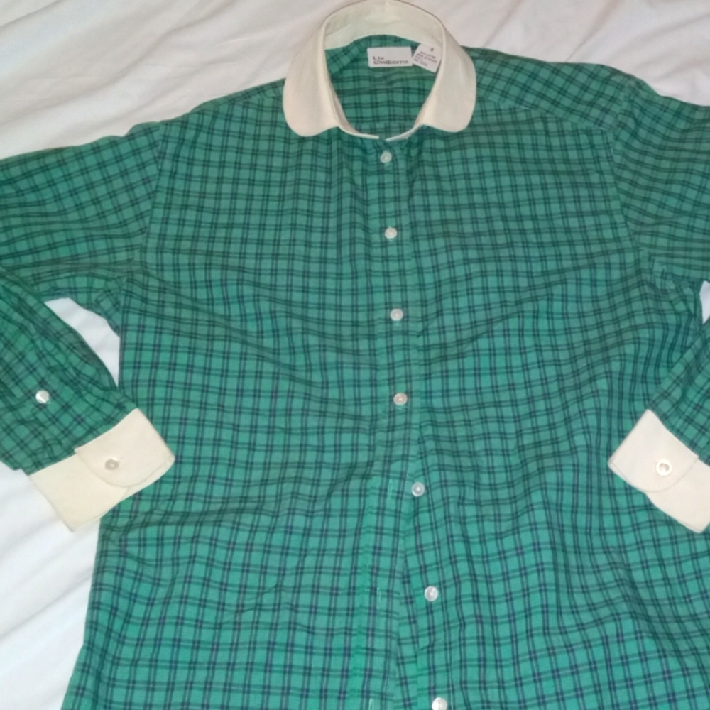 Liz Claiborne Vintage cotton thin plaid shirt white collar and cuffs 80s size 4